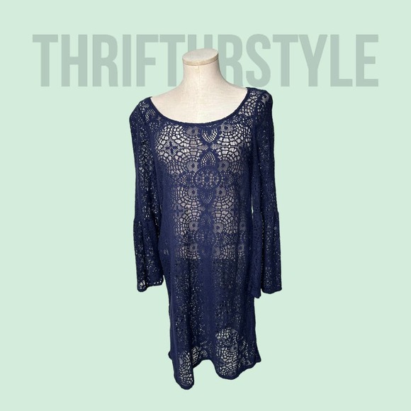 Navy Blue Crochet Lace Bell Sleeve Mini Dress Swim Cover Up Small/Petite - Picture 1 of 8